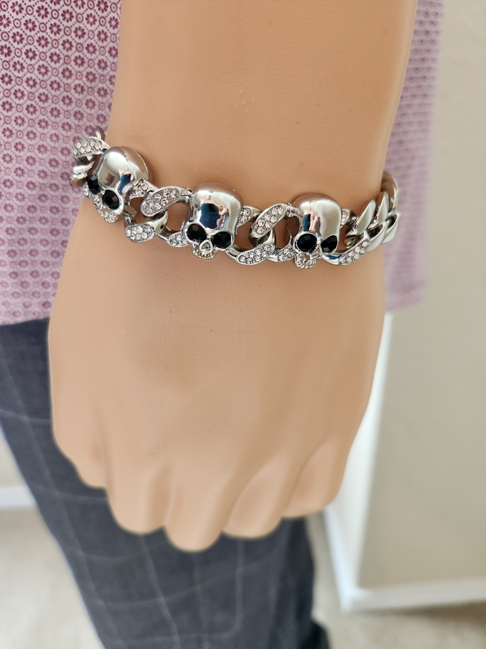 Mens Silver Skull Link Bracelet with Crystal Accents